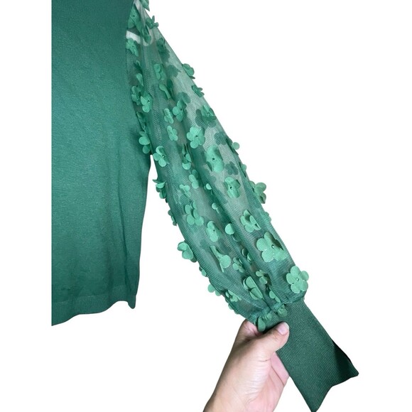 Sioni Milano Women's Green Crew Sweater Sheer Sleeves Flower Embellished Size L - Picture 6 of 14